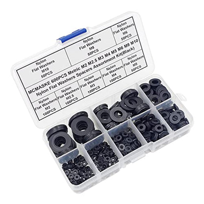 600PCS Metric M2 M2.5 M3 M4 M5 M6 M8 M10 Nylon Flat Washers Spacers Plastic Washers Assortment Kit (Black) - color: Black