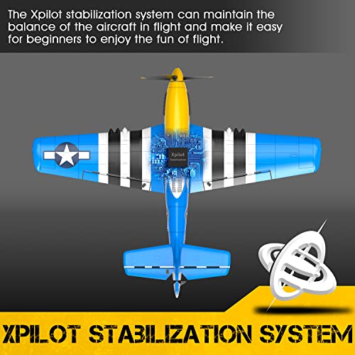 P51 Mustang RC Plane 4-Channel with X-Pilot Stabilization for Adult | 2.4G RTF Remote Control Airplane with 3 Assist Modes & 3D Aerobatics, 3 Batteries, One Key Aerobatics for Beginner(Blue) - color: Blue
