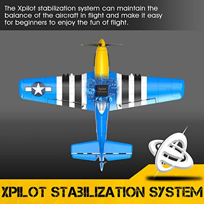 P51 Mustang RC Plane 4-Channel with X-Pilot Stabilization for Adult | 2.4G RTF Remote Control Airplane with 3 Assist Modes & 3D Aerobatics, 3 Batteries, One Key Aerobatics for Beginner(Blue) - color: Blue