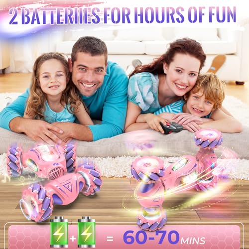 Fosgoit Pink Remote Control Car Toys Gifts for Girls 6-12 | with Light & Music & Spray, 2.4Ghz 4WD Double-Sided 360° Rotating Gesture Sensing RC Stunt Car, Birthday for Girls Kids - color: Pink