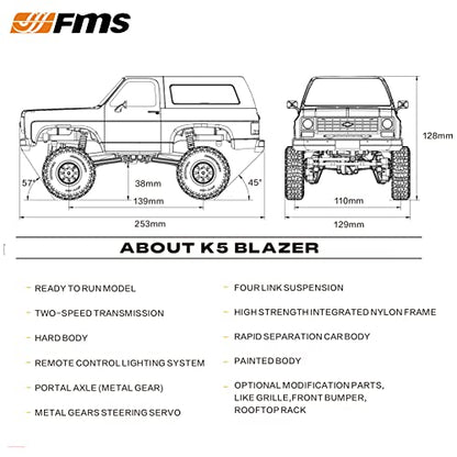 FMS FCX24S 1/24 RC Crawler Chevy K5 S Blazer Officially Licensed, Mini RC Car Pick Up Truck and SUV 2 in 1, 4WD 2 Speeds Switch,Off-Road 4x4 RC Model with LED Lights for Adults and Beginner(Brown) - color: Brown