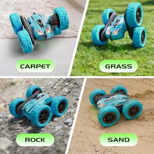 Remote Control Car, 4WD 2.4GHz Double-Sided RC Stunt Car, 360° Rotating Electric Rechargeable Toy Car with LED Lights, Gift for Boys Girls Ages 6+(Blue)