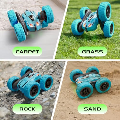 Remote Control Car, 4WD 2.4GHz Double-Sided RC Stunt Car, 360° Rotating Electric Rechargeable Toy Car with LED Lights, Gift for Boys Girls Ages 6+(Blue)