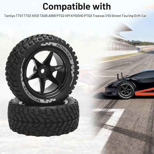 1/10 12mm RC Rally Racing Tires, daitoku RC On Road Tires and Aluminum Wheels for 1/10 Tamiya TT01 TT02 XV01 TA06 A959 PTG2 HPI KYOSHO PTG2 Traxxas - Style D (Black) - color: Style D (Black)