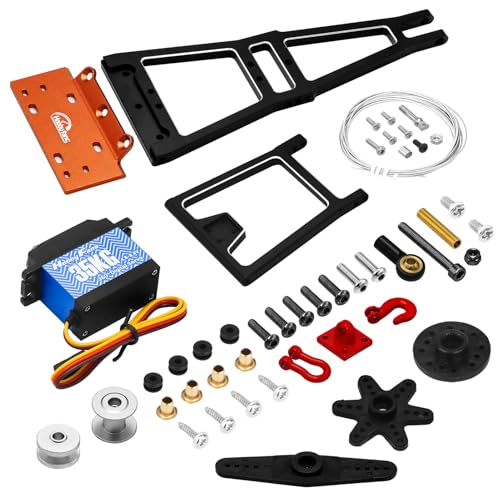 Aluminum RC Winch Double Stent Rescue Set Truck Tow Crane Arm Wrecker Kit with 360° 35KG Servo for 1/10 SCX10 TRX4 RC Crawler and Trailer RC Upgrade Parts - color: Black & Orange