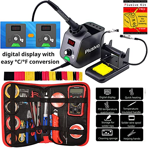 Soldering Iron Station Kit Digital Display Helping Hands 60 W 5 pcs Solder Tips, Solder Wire, Digital Multimeter °C/ºF Conversion, Standby/Sleep Mode, Calibration Support for Electricians from Plusivo