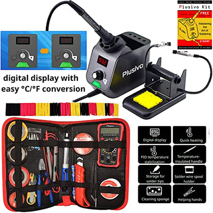 Soldering Iron Station Kit Digital Display Helping Hands 60 W 5 pcs Solder Tips, Solder Wire, Digital Multimeter °C/ºF Conversion, Standby/Sleep Mode, Calibration Support for Electricians from Plusivo
