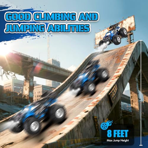 All-Terrain Remote Control Car for Boys 8-12 Headlight Christmas | Monster Remote Control Truck Rechargeable, 2 Motors 10KM/H 2.4GHZ Speed-friendly, Sturdy RC Cars for Christmas Beginner Kids - color: Blue