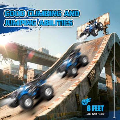 All-Terrain Remote Control Car for Boys 8-12 Headlight Christmas | Monster Remote Control Truck Rechargeable, 2 Motors 10KM/H 2.4GHZ Speed-friendly, Sturdy RC Cars for Christmas Beginner Kids - color: Blue