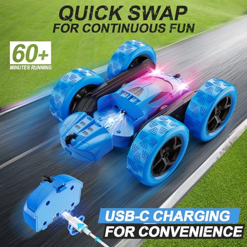QUNREDA Remote Control Car, RC Cars Toys for Kids Ages 6-12, 4WD Stunt Car with LED Lights & 360° Flips, 2.4GHz, Upgraded USB-C Modular Batteries, 8-10 Year Old Boys Birthday Gift 1-Blue - color: 1-blue