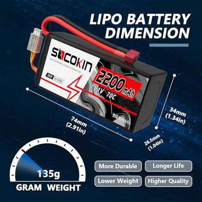 3S Lipo Battery 11.1V 70C 2200mAh Battery Short Soft Case RC Car Battery with T-Plug Connector Plug for RC Crawler Cars Truck Airplanes Quadcopters Boats 2 Packs