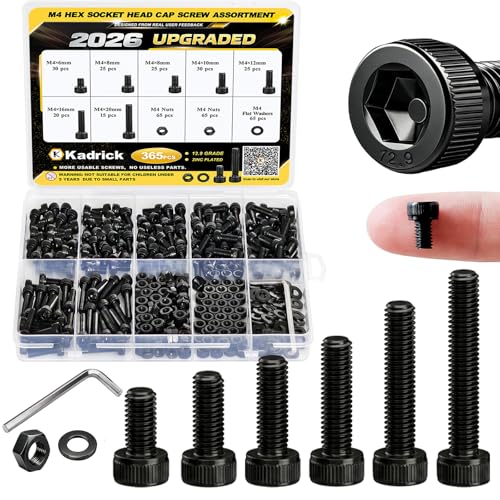 Kadrick M4 Screws Kit 365PCS, Optimized Socket Head Cap Screws Assortment with Higher Screw Ratio, Class 12.9 Alloy Steel, Black Zinc Plated M4 Bolts for Mechanical, Repair & DIY Use - size: M4 365Pcs New