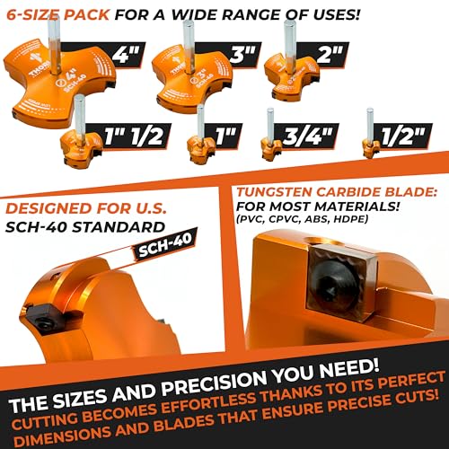 THORVALD PVC Pipe Reamer TriForce - 7 Sizes with Tungsten Carbide Blades - Video Tutorial + User Guide - 3 Blades PVC Fitting Saver for Plumbing - Tool Sizes: 1/2" ; 3/4″ ; 1″ ; 1-1/2″ ; 2″ ; 3″ ; 4″