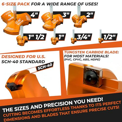 THORVALD PVC Pipe Reamer TriForce - 7 Sizes with Tungsten Carbide Blades - Video Tutorial + User Guide - 3 Blades PVC Fitting Saver for Plumbing - Tool Sizes: 1/2" ; 3/4″ ; 1″ ; 1-1/2″ ; 2″ ; 3″ ; 4″