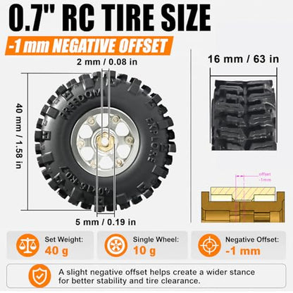0.7” FS6 Super Soft Rubber Tires & CNC -1mm Offset Aluminum Beadlock Rims, 40×16mm Micro Crawler Wheels Tires Set for Axial SCX30 Redcat Ascent-32 1/30–1/32 RC Crawler, 4PCS Silver - color: Silver