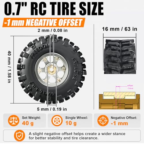 0.7” FS6 Super Soft Rubber Tires & CNC -1mm Offset Aluminum Beadlock Rims, 40×16mm Micro Crawler Wheels Tires Set for Axial SCX30 Redcat Ascent-32 1/30–1/32 RC Crawler, 4PCS Silver - color: Silver