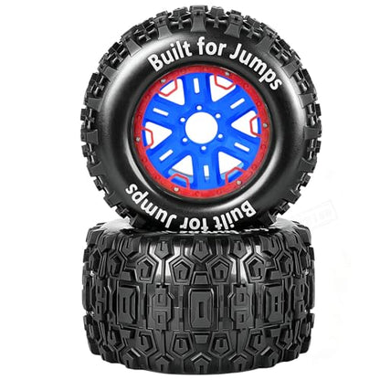 RC Wheels and Tires Set(4PCS) for 1/8 1/10 Monster Truck Tires,1/8 Traxx as/Arrm a 6S/Summi t/ERveo/Redc at/HPI JLB Cheetah RC Off-Road etc,17mm Hex Tire and Wheels/Plastic Rims,Red and Blue - color: Red and Navy Blue-(wheels Tires)