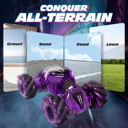 Tecnock Remote Control Car for Boys Girls, 2.4GHz 4WD Gesture Sensing RC Stunt Car Toys - 360° Rotating Double Sided Hand Controlled RC Cars with LED Lights, Gifts for Kids Ages 6-8, 8-12 - color: Purple