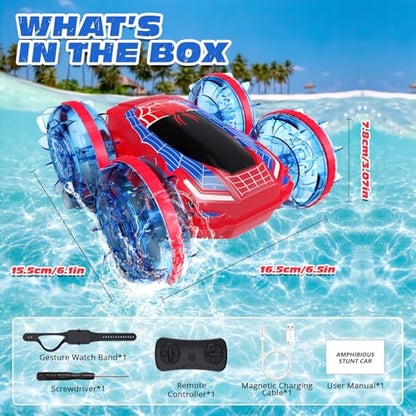 Tecnock Amphibious Remote Control Car Boat, 4WD Gesture RC Cars with Magnetic Charging, 60 Min Playtime, LED Lights, Pool Toys for Kids Ages 6-12, Gift Toys for Boys Girls - color: Red