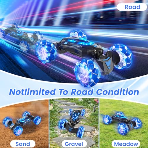 Gesture Sensing RC Stunt Car,Hand RC car Toys Gifts for 5-13 Boys | 4WD Drift Hand Controlled 360° Flips Trick Car with Lights & Music, Toys car is Cool Birthday Gift for Kids Ages 4-12 - color: Blue