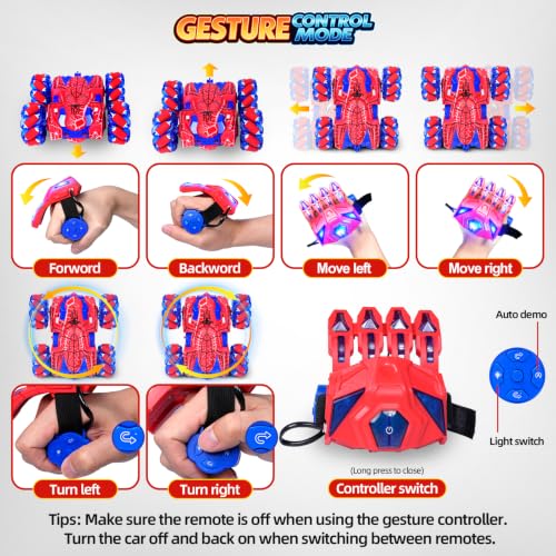 Spider Gesture Sensing Remote Control Car, 2.4GHz Hand Controlled RC Cars with full-Body Light, Double Sided 360° Rotating Rechargeable RC Stunt Car Birthday Gift Toys for Boys 4 5 6 7 8 9 10 11 12