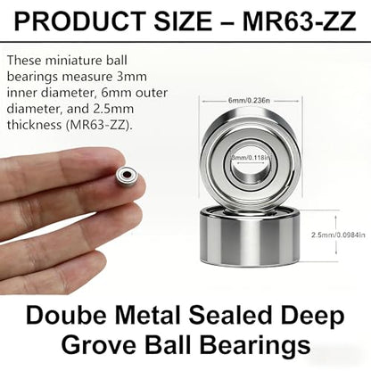 10 PCS MR63-ZZ Deep Groove Ball Bearings - 3x6x2.5mm Double Shielded Micro Bearings for 3D Printers, Electric Motors, RC Models & Small Appliances