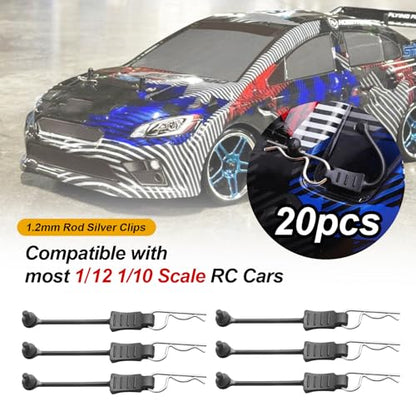 20pcs HobbyPark Universal RC Car Body Clips and Retainer for All 1/10 1/12 Scale Arrma Traxxas Axial SCX10 Losi Redcat HPI Exceed Shell Replacement Pins - size: 1.2mm Rod Silver Clips