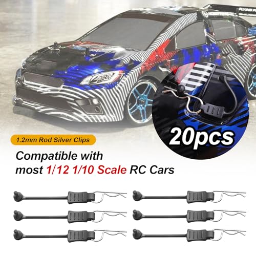 20pcs HobbyPark Universal RC Car Body Clips and Retainer for All 1/10 1/12 Scale Arrma Traxxas Axial SCX10 Losi Redcat HPI Exceed Shell Replacement Pins - size: 1.2mm Rod Silver Clips