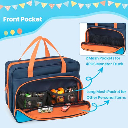 Monster Trucks Carrying Case Fit 34 1:64 Scale Toy Cars, Navy-Orange | Compatible with Monster Jam Trucks, Home Storage & Travel Use, Large Capacity, on the go Carry Bag, Empty Bag - color: Navy-Orange