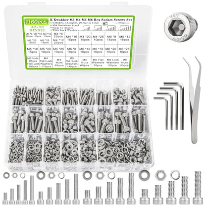 M3 M4 M5 M6 Hex Socket Bolt & Nut Assortment Kit, 1160Pcs | Waterproof Anti-rust 304 Stainless Steel; 20 Size 8–25mm Metric Screws with Lock Washers for 3D Printing DIY Machinery Repair - size: H. M3 M4 M5 M6
