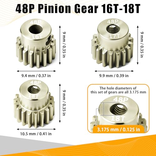 3PCS 48P Pinion Gear Set 7075 Aluminum Alloy 3.175mm Shaft 16T 17T 18T with Screws & Hex for 1/10 RC Arrma Traxxas HPI Sakura Losi Axial SCX10 Tamiya Monster Truck Buggy Motor Gears Upgrade - size: 16 17 18T