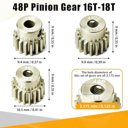 3PCS 48P Pinion Gear Set 7075 Aluminum Alloy 3.175mm Shaft 16T 17T 18T with Screws & Hex for 1/10 RC Arrma Traxxas HPI Sakura Losi Axial SCX10 Tamiya Monster Truck Buggy Motor Gears Upgrade - size: 16 17 18T