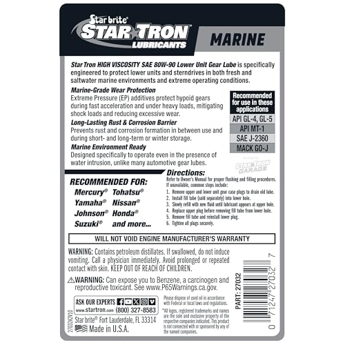 STAR BRITE Star Tron High Viscosity 80W90 Lower Unit Gear Lube | Anti-wear additives, rust and corrosion inhibitors, recommended for Mercury, Evinrude, Yamaha, Suzuki and Volvo engines - size: 32 Oz Quart, style: 80W-90W Mineral