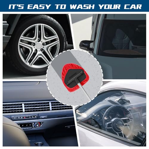 Car Wash Brush with Long Handle, Windshield Cleaning Tool, Car Washing Mop Kit Mitt Sponge Car Cleaning Supplies Kit, Microfiber Towel Gloves Universal for Cars RV SUV Truck Office (Red) - color: Red