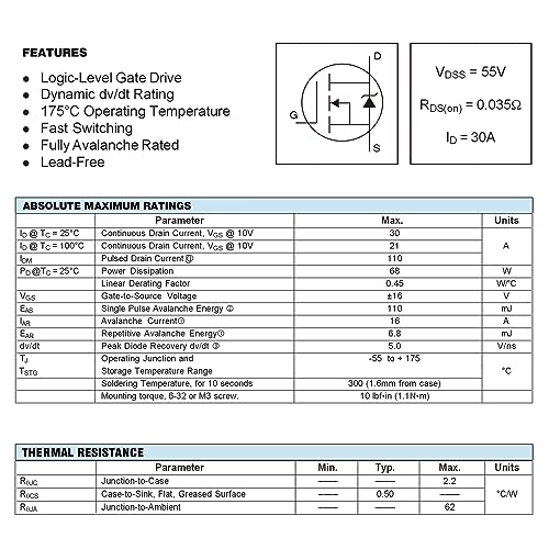 IRLZ34N IRLZ34 MOSFET Transistors 30A 55V IRLZ34NPBF N-Channel Power Mosfets Transistor 30 Amp 55 Volt TO-220 (Pack of 10 pcs) - style: IRLZ34N