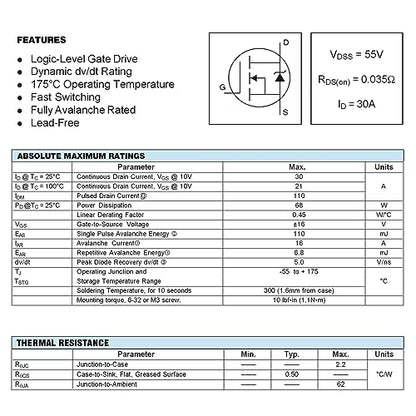 IRLZ34N IRLZ34 MOSFET Transistors 30A 55V IRLZ34NPBF N-Channel Power Mosfets Transistor 30 Amp 55 Volt TO-220 (Pack of 10 pcs) - style: IRLZ34N