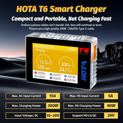 HOTA T6 RC 1S 2S 3S 4S 5S 6S Lipo Battery Charger RC Smart Battery Charger | 300W XT60, PD Dual Input, 15A, Compact RC Car Charger, Support PD3.0, QC Fast Charging Protocols, Muti-Language