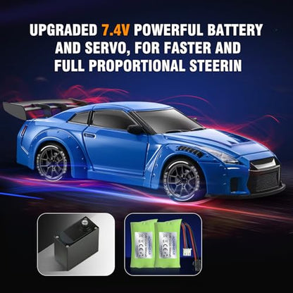 RC Drift Car Pro Upgraded with Gyro, 1:24 Full Proportional Remote Control Car, 25KM/H 4WD High Speed RC Cars with Lights, Extra Racing Tires, Vehicle for Adults Kids Boys Girls, Blue - color: Blue