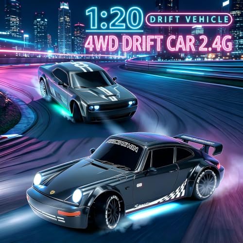 RC Drift Car, 1:20 4WD Full-Scale RC car, 20 km/h high-Speed RC car with Lights, Extra Racing Tires, Suitable for Adults and Boys(Gun Gray)