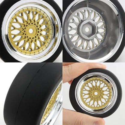 4-Pack RC 1/10 Scale On Road Slick Tires OD2.55 Rubber Wheel Rims 12mm Hex Compatible with Traxxas 4 Tec 2.0 Tamiya TT01 XV01 Kyosho WR8 Sakura WLtoys HPI Touring Racing Car (Gold)