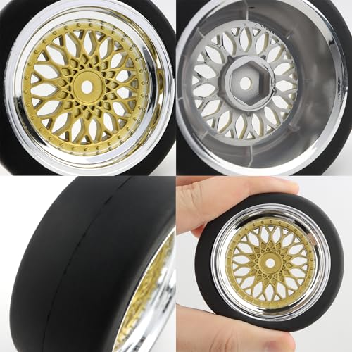 4-Pack RC 1/10 Scale On Road Slick Tires OD2.55 Rubber Wheel Rims 12mm Hex Compatible with Traxxas 4 Tec 2.0 Tamiya TT01 XV01 Kyosho WR8 Sakura WLtoys HPI Touring Racing Car (Gold)