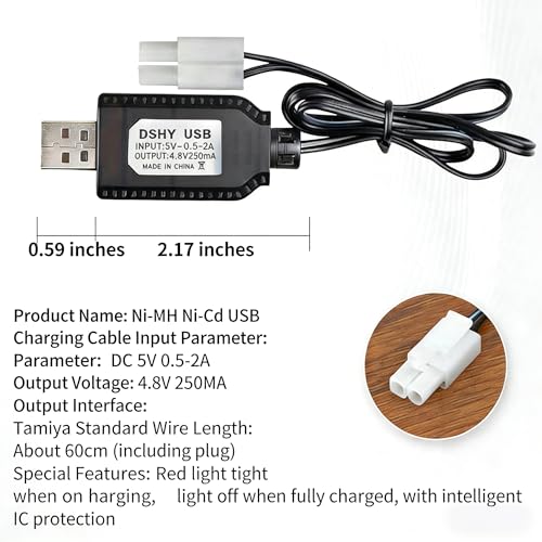 4.8V USB Battery Charger 250mA for NiMH Battery Pack, Multi-Connector Charging Cable with JST SM Plug, Auto Cut-Off Full Light Indicator for RC Car Boat Tan (4.8V USB Connector)