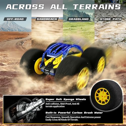 pinkking Indoor RC Car Stunt Remote Control Car Toys with Soft Wheels RC Cars for Kids with LED Headlight & Sponge Tires Crazy Stunts 360° Flips Double Sided Vehicle 2.4GHz RC for Boys Girls Gift - color: Yellow