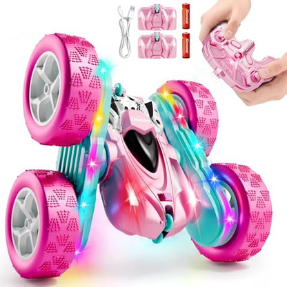 RC Car Pink 4WD Remote Control Car 360° Flip Double‑Sided LED Light Bar & Quick‑Swap USB‑C Modular Battery, 2.4 GHz No‑Interference Popular Outdoor Beach Toy, Popular Gift for Girls Ages 6‑12 - color: Pink