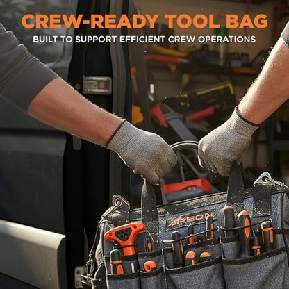 Arbon Electrician Tool Bag, Heavy Duty Tool Organizer, 34 Pockets, 52+ lb | Large storage for men, 5-layer reinforced walls, metal frame, hard molded base, water resistant polyester PP plastic, gray