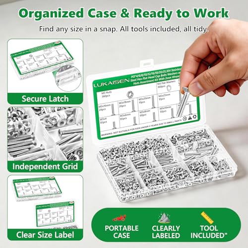 1081 Pcs M3 Flat Head Screws Nuts Washers Wrench Kit, 304 SS | with Washers & Wrench,for 3D Printing, PC Repair & DIY, M3 x 4/6/8/10/12/16/18/20/25mm,Clear Label Storage Box - size: SS M3 1081pcs 1