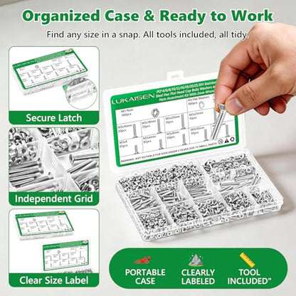 1081 Pcs M3 Flat Head Screws Nuts Washers Wrench Kit, 304 SS | with Washers & Wrench,for 3D Printing, PC Repair & DIY, M3 x 4/6/8/10/12/16/18/20/25mm,Clear Label Storage Box - size: SS M3 1081pcs 1
