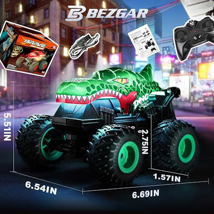 BEZGAR Monster Truck Toys，1:20 Remote Control Car with Light & Music | Green Dinosaur Toys for Kids,RC Truck with 360° Spins and Drifting, Toy Car Gifts for Boys, Battery Life of 20 Minutes - color: Green