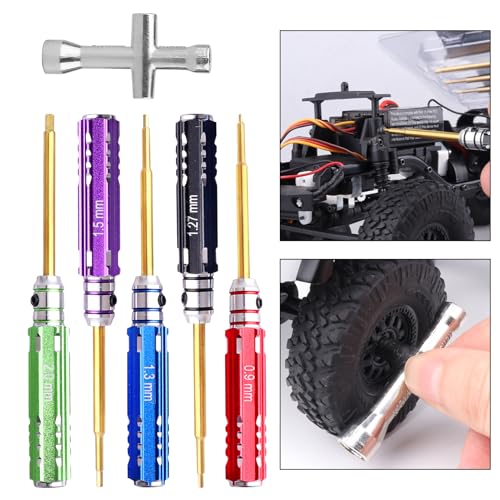 5Pcs Mini 0.9mm 1.27mm 1.3mm 1.5mm 2.0mm Hex Screw Driver Set Titanium Hexagon Screwdriver & 4-way Wrench Tool Kit for Axial SCX24 1/18 1/24 1/28 RC Crawler Truck