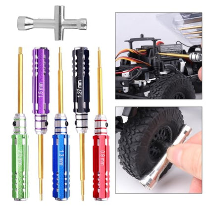 5Pcs Mini 0.9mm 1.27mm 1.3mm 1.5mm 2.0mm Hex Screw Driver Set Titanium Hexagon Screwdriver & 4-way Wrench Tool Kit for Axial SCX24 1/18 1/24 1/28 RC Crawler Truck